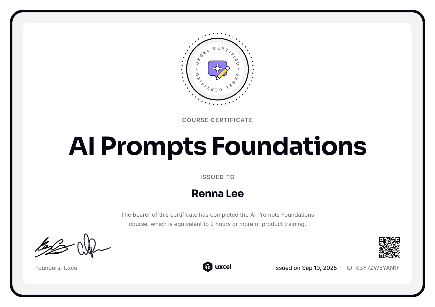 Renna Lee's certificate